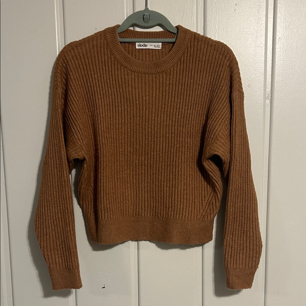 Elodie Warm Brown Ribbed Crew Neck Sweater